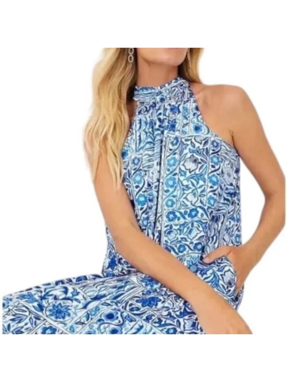 Ann Taylor petite halter maxi dress features blue and white floral print